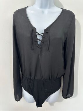 Free press Bodysuit Blouse Small Black Balloon Long Sleeve A864